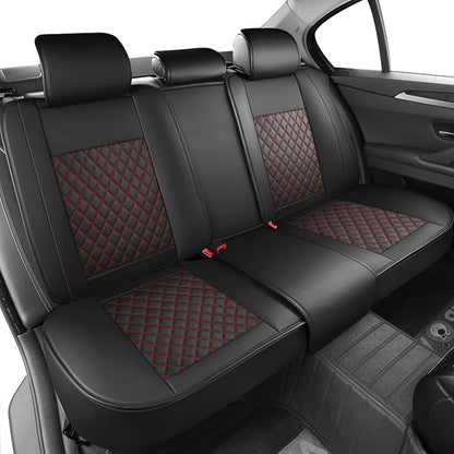 Grand Car Seat Covers Full Set,Universal Precision Fit 3D Contoured Automotive Nappa Leather Seat Covers for SUV Truck Sedan,Anti-Slip Seat Cover with Lumbar Support Style2 Black Red Line
