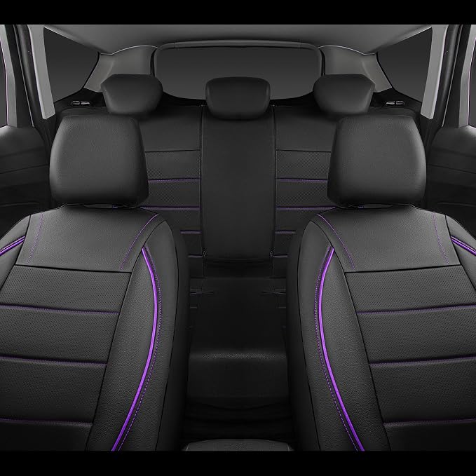 CAR PASS Piping PU Leather Car Seat Cover,Inside Zipper Design and Reserved Opening Holes Airbag Compatible,Universal FIT for Car, SUVs,Van,Trucks,Full Set, Black & Purple