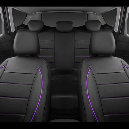 CAR PASS Universal FIT Piping Leather Two Front Seat Covers, Waterproof Faux Leather for SUV Sedan Van Truck, Airbag Compatible,Reserved Opening Holes for Headrest Covers(Black and Purple)