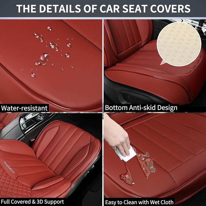 Red Seat Covers for Cars, 2Pcs Universal Leather Car Seat Covers Front Seats, Full Coverage Automotive Seat Covers for Most Sedans Trucks SUVs, Waterproof Breathable Car Seat Cover