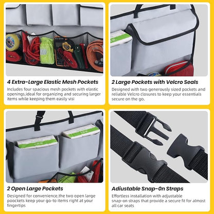 Snuopfy Car Backseat Hanging Trunk Organizer – Gray, 8 Large Storage Bags - Super Capacity Storage Solution for SUVs, Trucks, Vans, and Cars - Ultimate Car Organization for a Clutter-Free Space