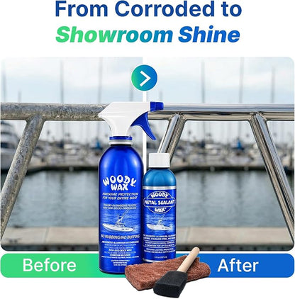 Woody Wax Tower Treatment & Metal Restoration Kit, Professional Boat & Marine Corrosion Blocker, High-Gloss Sealant for Aluminum, Steel & Outriggers, Restores Pitted Metal & Protects for 6 Months