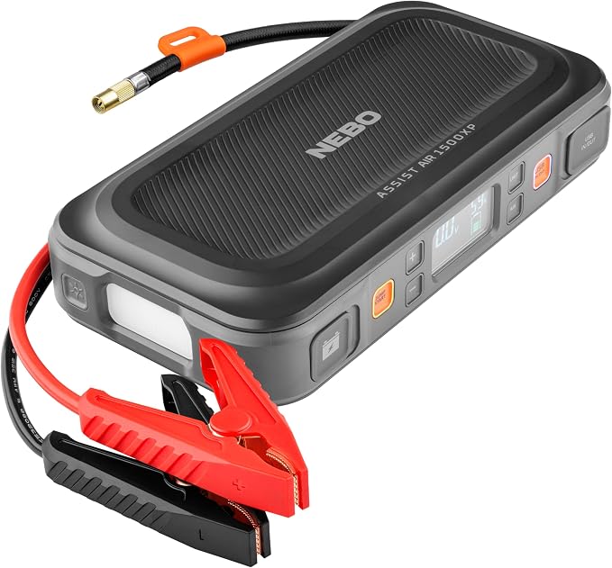 NEBO Assist 1500A Jump Starter & Air Compressor | 1500 Peak Amps, 44.4Wh Portable Car Jump Box for 12V Vehicles & Tire Inflator with Auto Shut-Off, Spark-Proof, USB-C Power Bank, Emergency LED Light