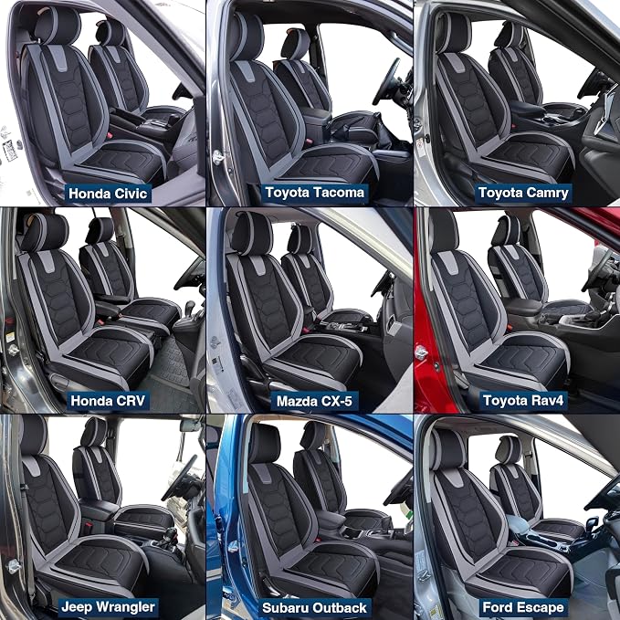 OASIS AUTO Car Seat Covers Full Set, Sporty Faux Leather with Honeycomb Pattern, Waterproof Universal Fit for SUV, Sedan, Pick-up Truck, Automotive Interior Accessories (OS-004 Black&Gray)
