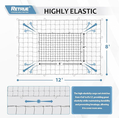 Cargo Net for Pickup Truck Bed 4' x 6' Stretches to 8' x 12' with 12 Metal Carabiners - Truck Bed Accessories for Dodge RAM, Ford, Chevy, Toyota