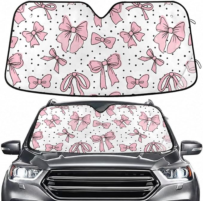 Cute Bows Pink Windshield Sun Shade for Car Auto SUV Truck Foldable Front Window Sunshade Sun Visor Protector Block UV Rays Reflect Heat, 55" x 28"