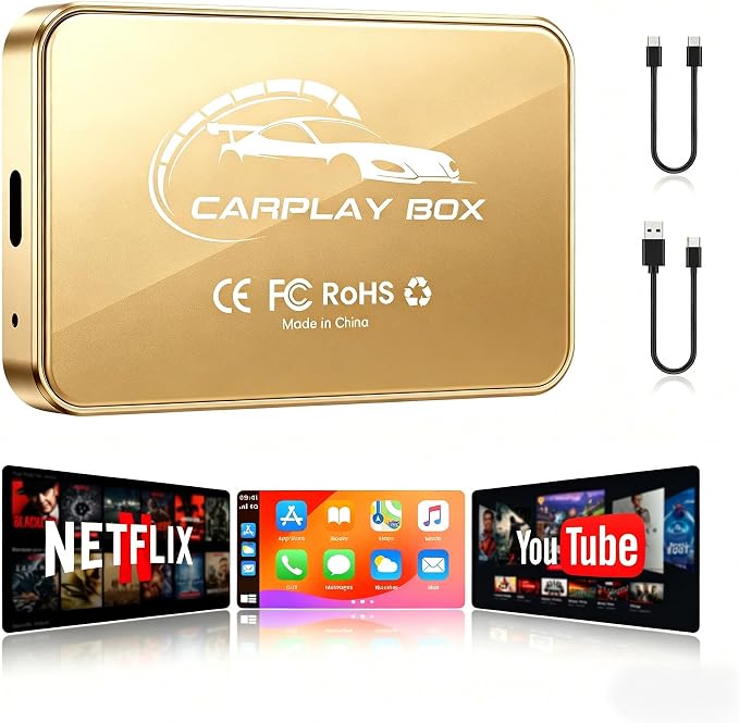Wireless CarPlay Adapter Android Auto Dongle, 3-in-1 Magic AI Video Box for OEM Wired Cars, Built-in Netflix/YouTube for Streaming, 5.8GHz WiFi & Bluetooth 5.3, Convert Wired to Wireless, Gold