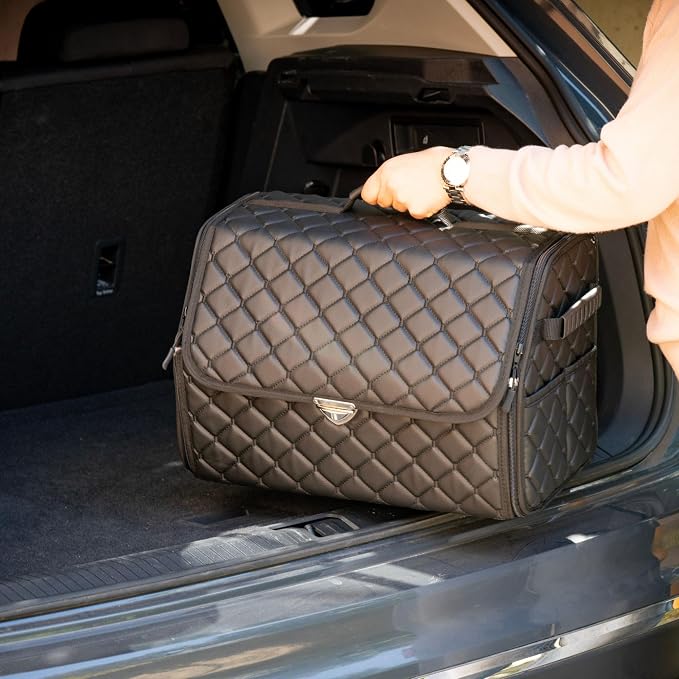 Leather Trunk Organizer with Lid for Suv and more, Foldable Car Organizer, Car Organizers and Storage with Pockets, Non-Slip Design (Black-Black)