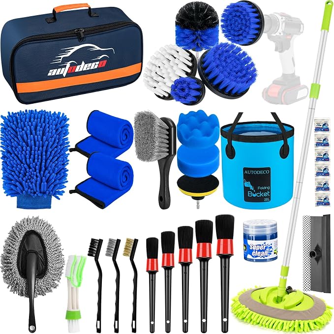 32Pcs Car Detailing Brush Set, Car Detailing Kit, Auto Detailing Drill Brush Set, Car Detailing Brushes, Car Wash Cleaning Tools Kit with Wash Mop for Interior, Exterior, Wheels, Blue