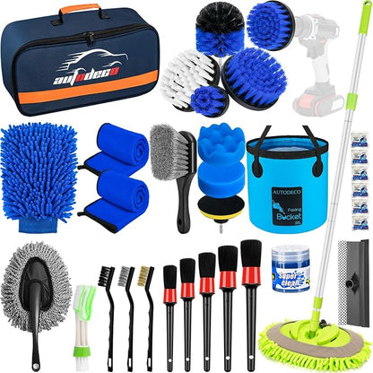 32Pcs Car Detailing Brush Set, Car Detailing Kit, Auto Detailing Drill Brush Set, Car Detailing Brushes, Car Wash Cleaning Tools Kit with Wash Mop for Interior, Exterior, Wheels, Blue