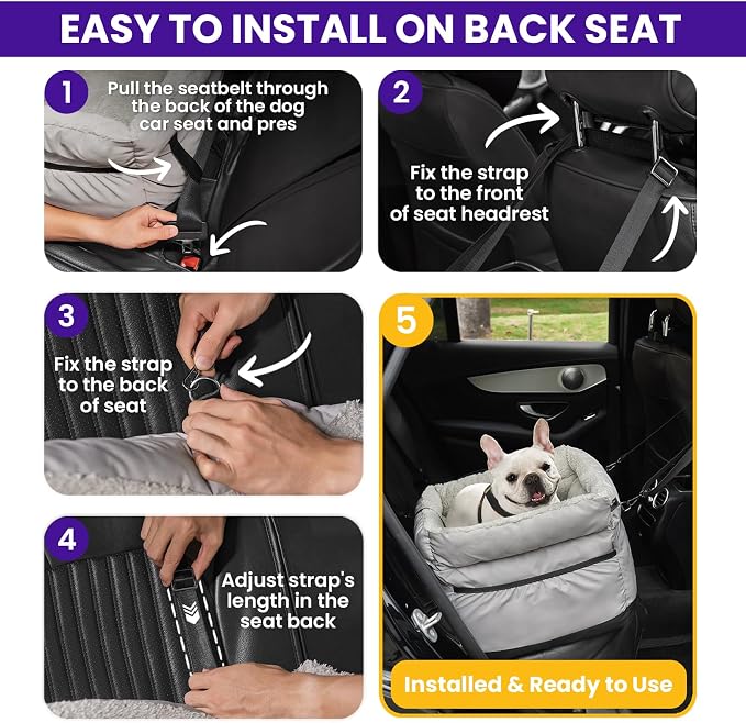 BurgeonNest Dog Car Seat for Small Dogs up to 25 lbs - Washable Pet Booster Seat with Safety Leash & Storage Pockets, Grey