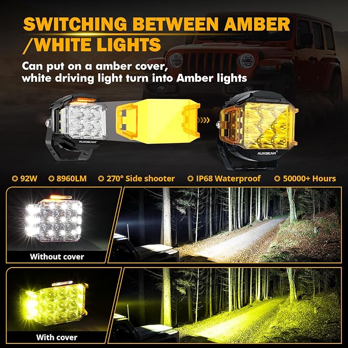 Auxbeam 5" 168W Round LED Offroad Light Pod with Amber DRL, V-MAX Series 16440LM Side Shooter LED Offroad with 270° Beam & Amber Covers, Auxiliary Driving Light for Truck ATV Jeep Ford