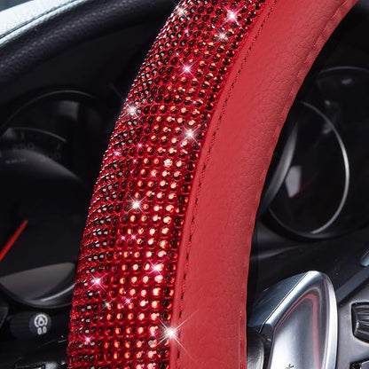 CAR PASS Bling Diamond Leather Steering Wheel Cover, with Bling Sparkly Crystal Glitter Rhinestones Universal Fit 14" 1/2-15" Car Wheel Protect for Women Girl Fit Suvs,Vans,Sedans,Cars,Trucks, Red