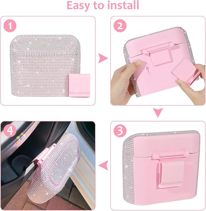 Accmor Bling Car Trash Can with Lid, Leakproof Mini Vehicle Trash Bin Automotive Dustbin Organizer Storage, Sparkling Crystal Rhinestone Trash Bag Container with 30pcs Garbage Bags Car Accessories