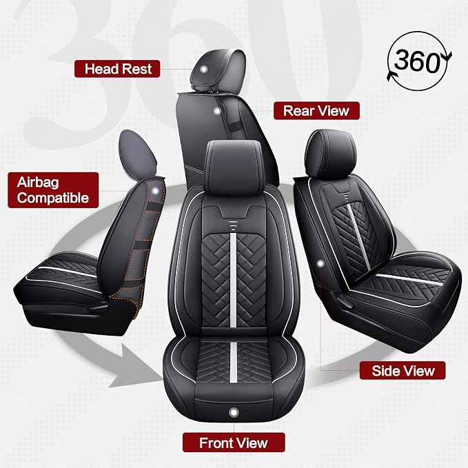 Tomatoman Tacoma Seat Covers Custom Fit for Tacoma 2005-2023 2024 2025 2026 Truck Access Crew Double Cab TRD Offroad Limited SR5 V6 Pickup Waterproof Faux Leather Car Cushions(2 PCS Front/Black-White)