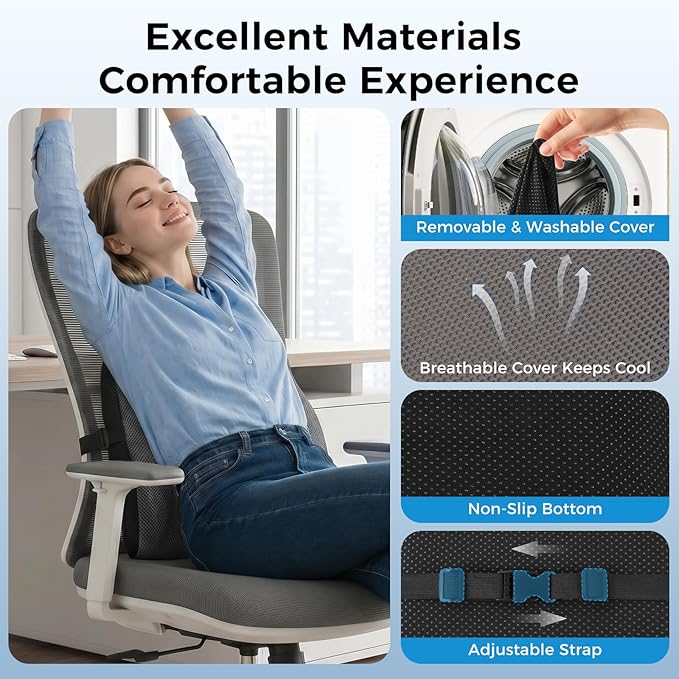 Lumbar Support Pillow for Car & Office Chair - High-Density Memory Foam Back Cushion for Sciatica & Lower Back Pain Relief - Non-Slip Support for Long Commutes & Desk Workers (Dark Gray)