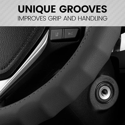 BDK Genuine Black Leather Steering Wheel Cover for Car, Large 15.5-16 inch – Ergonomic Comfort Grip for Men & Women, Car Steering Wheel Cover for Vehicles with Large Steering Wheels