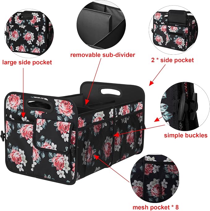 Femuar Car Trunk Organizer,Car Storage Organizer with 72L Large Capacity Waterproof Collapsible and 11 Pockets,Trunk Organizer for Car Suv/Jeep/Sedan, Large Size, Flower