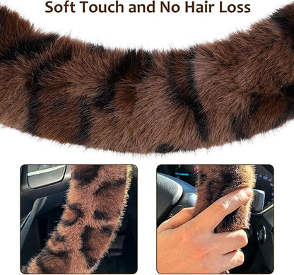 Accmor Fuzzy Car Steering Wheel Cover, Warm Fluffy Leopard Steering Wheel Cover with Cute Ears, Soft Plush Furry Car Accessories Decor for Women, Non-Slip Universal 15 inch Fit Vehicle, Truck, SUVs