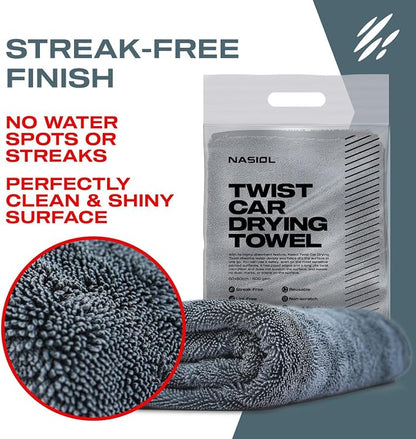 Nasiol Twist Car Drying Towel, Highly Absorbent Quick Dry, Soft Banded Edges - Scratch Free - Double Sided - Safe for Car Paint Twist Microfiber Evo Detailing Towel (23 x 19 inch)