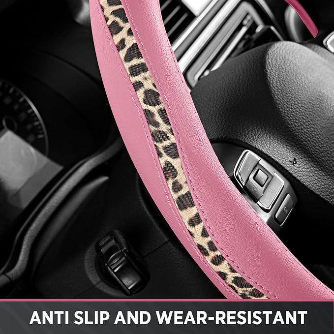 Road Comforts Steering Wheel Cover - Flat Bottom Wheel Cover Made with PVC Leather and Leopard Fabric - Universal Fit for 15-Inch D-Shaped Automotive Steering Wheels (Pink Color)