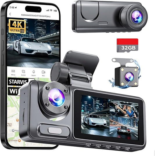 Dash Cam Front Rear with 3 Channel, 4K Full UHD Car Camera, 5GHz WiFi & App Control, Free 32GB Card Included, Dash Camera for Cars with IR Night Vision, 24 Parking Mode, Loop Recording, G-Sensor