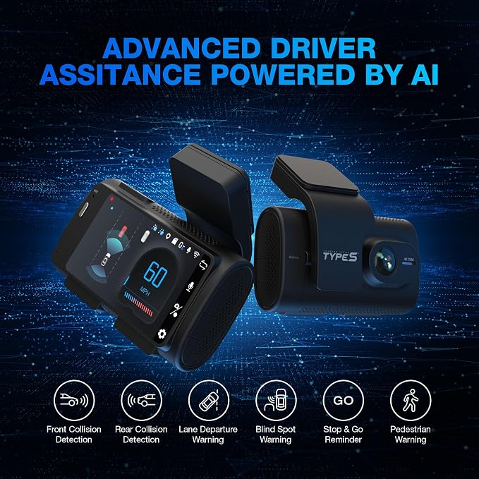 Type S T200 AI Driver Assistance Dash Cam Powered by ADAS, 1440p, Collision Alerts, Lane and Pedestrian Detection, Vehicle Departure Reminders, Front Rear 2 Channel Smart 24/7 Video Surveillance