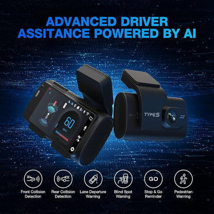 Type S T200 AI Driver Assistance Dash Cam Powered by ADAS, 1440p, Collision Alerts, Lane and Pedestrian Detection, Vehicle Departure Reminders, Front Rear 2 Channel Smart 24/7 Video Surveillance