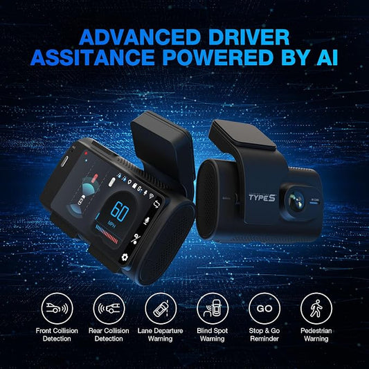 Type S T200 AI Driver Assistance Dash Cam Powered by ADAS, 1440p, Collision Alerts, Lane and Pedestrian Detection, Vehicle Departure Reminders, Front Rear 2 Channel Smart 24/7 Video Surveillance