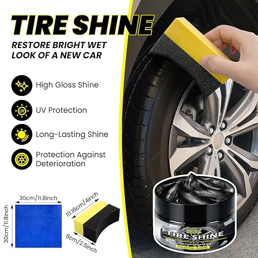 Tire Shine Gel & Wheel Cleaning Wax with Applicator Sponge, Long-Lasting Tire Dressing for Deep Black Wet Gloss Finish, UV Protection for Cars, Trucks, Motorcycles & RVs, 7oz/200g