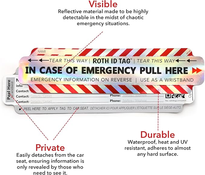 Emergency Contact Identification System for Car Seats, Booster Seats, Baby Gear | Family ROTH ID TAG Kit (6 Tags)