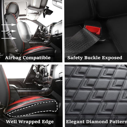 JOJOBAY Chevy Silverado Seat Covers,Leather Seat Covers for GMC Sierra,Custom Fit 2007-2026 1500 2500HD 3500HD Crew Double Extended Regular Cab,LT LZT RST Trail Boss(Front Pair,Black Red)