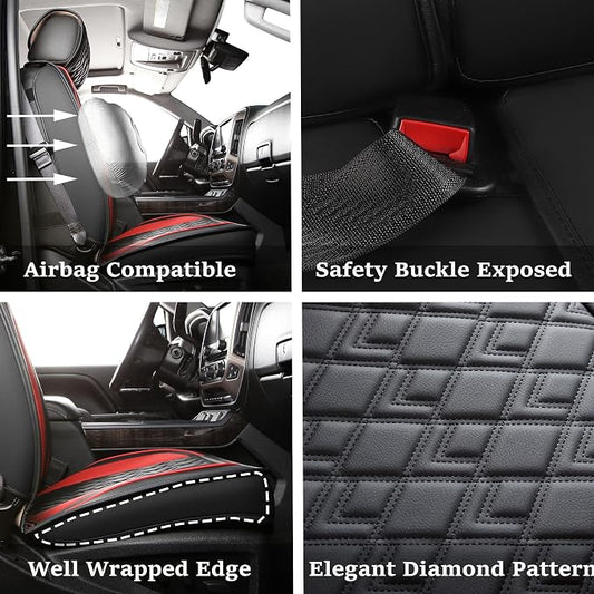 JOJOBAY Chevy Silverado Seat Covers,Leather Seat Covers for GMC Sierra,Custom Fit 2007-2026 1500 2500HD 3500HD Crew Double Extended Regular Cab,LT LZT RST Trail Boss(Front Pair,Black Red)