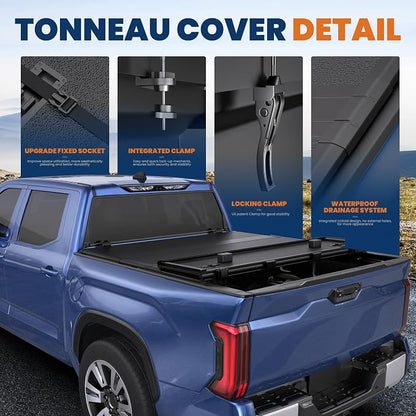 6.5FT Quad Fold Hard Truck Bed Tonneau Cover Compatible with 2014-25 Tundra | Toyota Tundra Fleetside Fiberglass Truck Bed Tonneau Cover Combination of Fiberglass and PP Honeycomb Design (78in)