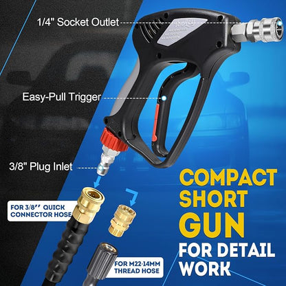 TOOLCY Pro Short Pressure Washer Gun 5000 PSI with Swivel, 304 Stainless Steel 3/8" Quick Connect Inlet, High Pressure Washer Gun with 1/4" Quick Connect, Includes 3/8" QC to M22-14mm Adapter