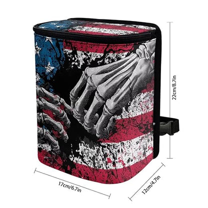 Talayituse Finger Skeleton American Flag Print Car Trash Can Portable Auto Garbage Bin Multifunctional Vehicle Interior Accessories with Adjustable Straps 4th of July Universal Fit Truck SUV Sedan