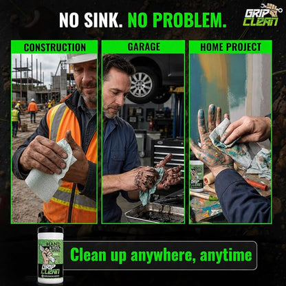 Grip Clean Heavy Duty Hand & Tool Cleaning Wipes – Waterless Hand Cleaner for Mechanics, Garage & Shop Use – Dual-Sided Grease, Oil & Paint Remover Wipes with Citrus Scent - 30ct (6 Pack)