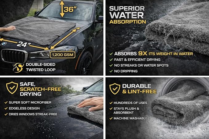 Microfiber Towels for Cars – 24x36 Inch 1200 GSM Car Drying Towel, Drying Towels Car Detailing, Edgeless Shammy Cloth, Ultra Absorbent Streak Lint Free Car Wash Towels for Auto Detailing