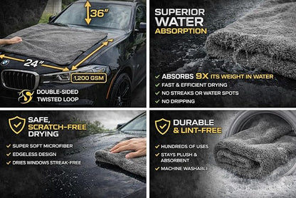 Microfiber Towels for Cars – 24x36 Inch 1200 GSM Car Drying Towel, Drying Towels Car Detailing, Edgeless Shammy Cloth, Ultra Absorbent Streak Lint Free Car Wash Towels for Auto Detailing