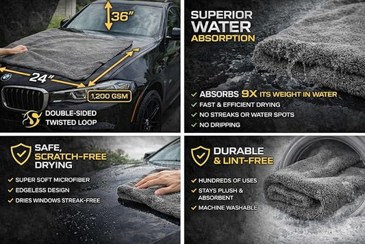 Microfiber Towels for Cars – 24x36 Inch 1200 GSM Car Drying Towel, Drying Towels Car Detailing, Edgeless Shammy Cloth, Ultra Absorbent Streak Lint Free Car Wash Towels for Auto Detailing