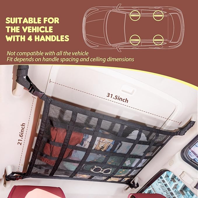 Upgrade Car Ceiling Cargo Net Pocket,31.5"x21.6" Double-Layer Roof Storage Organizer,Overhead Net for SUV & Van Camping,Travel Road Trips,Van Life Essentials,Fit 4 Handle Vehicles