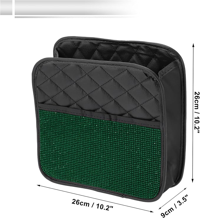 1 Pcs Universal Car Trash Can Hanging 10.2" Length 3.5" Width 10.2" Height Trash Bin Green Black Faux Leather Rhinestone