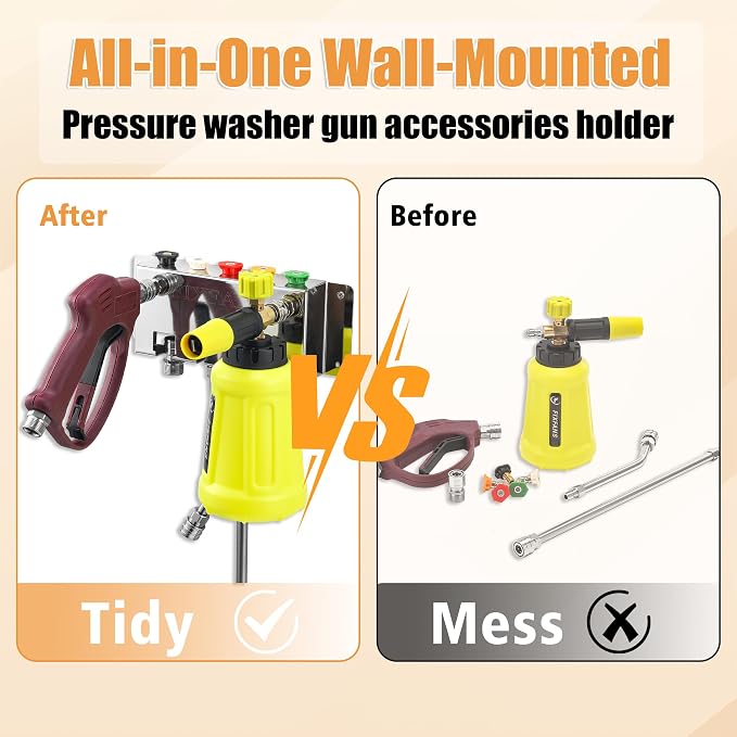 FIXFANS Pressure Washer Foam Cannon Holder, Wall Mounted | Power Washer Gun Storage, 1/4" Quick Connect, Nozzle Tips & Wand Extension Kit Organizer, Car Wash Accessories Rack