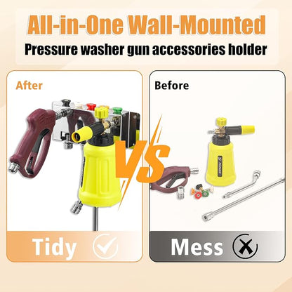 FIXFANS Pressure Washer Foam Cannon Holder, Wall Mounted | Power Washer Gun Storage, 1/4" Quick Connect, Nozzle Tips & Wand Extension Kit Organizer, Car Wash Accessories Rack