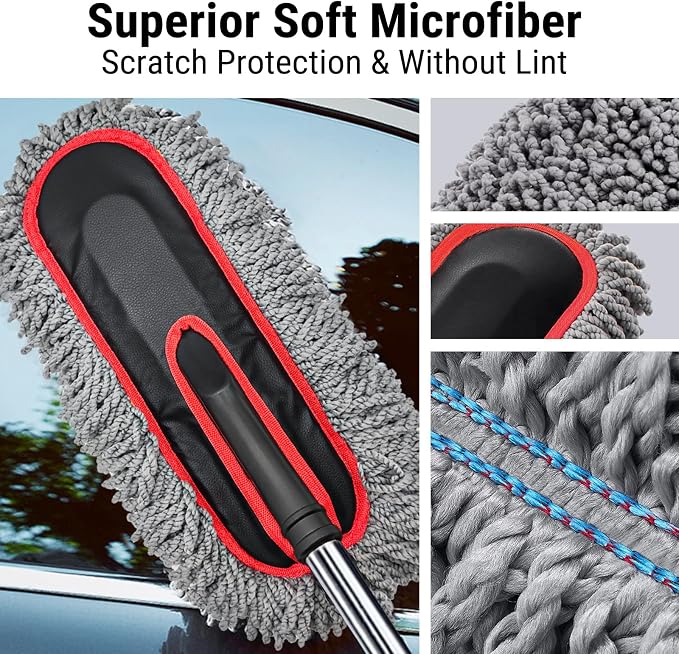 YeewayVeh Car Duster Exterior Scratch Free Microfiber Car Cleaning Brush, Extendable Handle Pollen and Dust Brush for Truck, SUV, Vehicles and Home Cleaning, Gray and Red