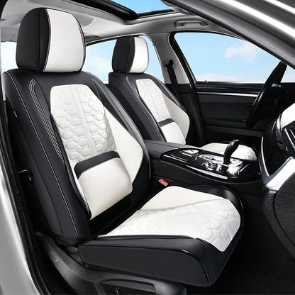 Huidasource Universal Fit Car Seat Covers Front Seat, 360° Full Wrap Luxury Nappa Leather Seat Cover Fit for Most Cars SUV Trucks, Waterproof Seat Covers with Lumbar Support, Black & White