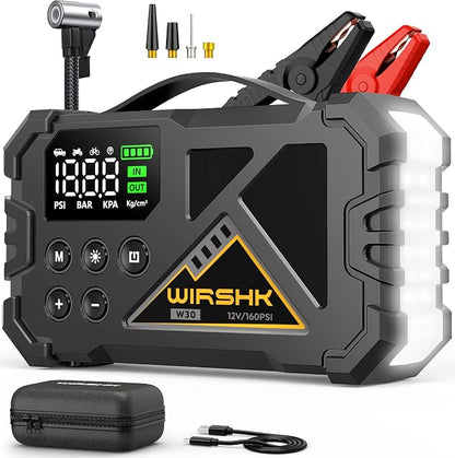 Jump Starter with Air Compressor, 8000A 160PSI Portable 12V Car Jump Starter for All Gas or 10.0L Diesel Engine, Battery Booster with LCD Display, LED Light & Jump Cables