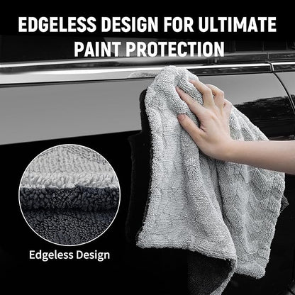 LIVOS 1000GSM Car Drying Towel, 18" x 24" Dual Sided Microfiber Towels for Cars, Ultra Absorbent Lint & Scratch-Free, Edgeless Twisted-Loop, Premium Wash Towel, Wave Silver&Grey