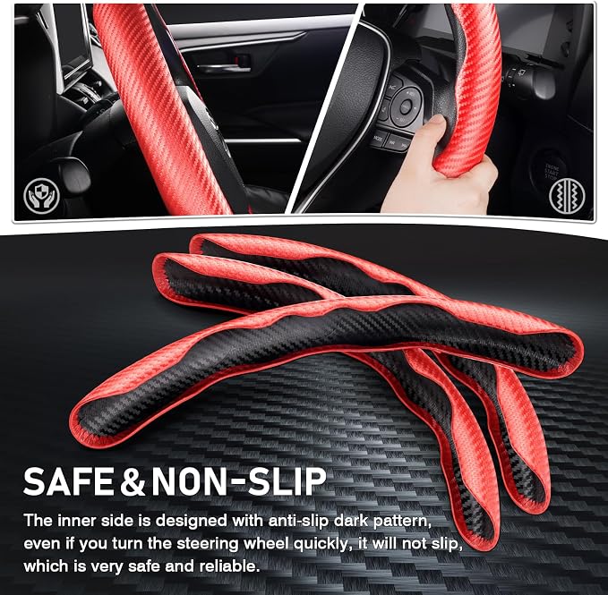 3 Piece Carbon Fiber Steering Wheel Cover, Car Steering Wheel Cover for Men/Women, Anti-Slip, Comfortable Grip, Durable, Universal for 99% Car Interior Accessories (Red)