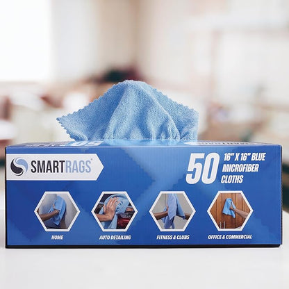 Arkwright Smart Rags Microfiber Cleaning Cloths, Pack of 50 in a Box, Lint Free 215 GSM Reusable Towels for Auto, Office and Household Cleaning, 16 x 16 in, Blue